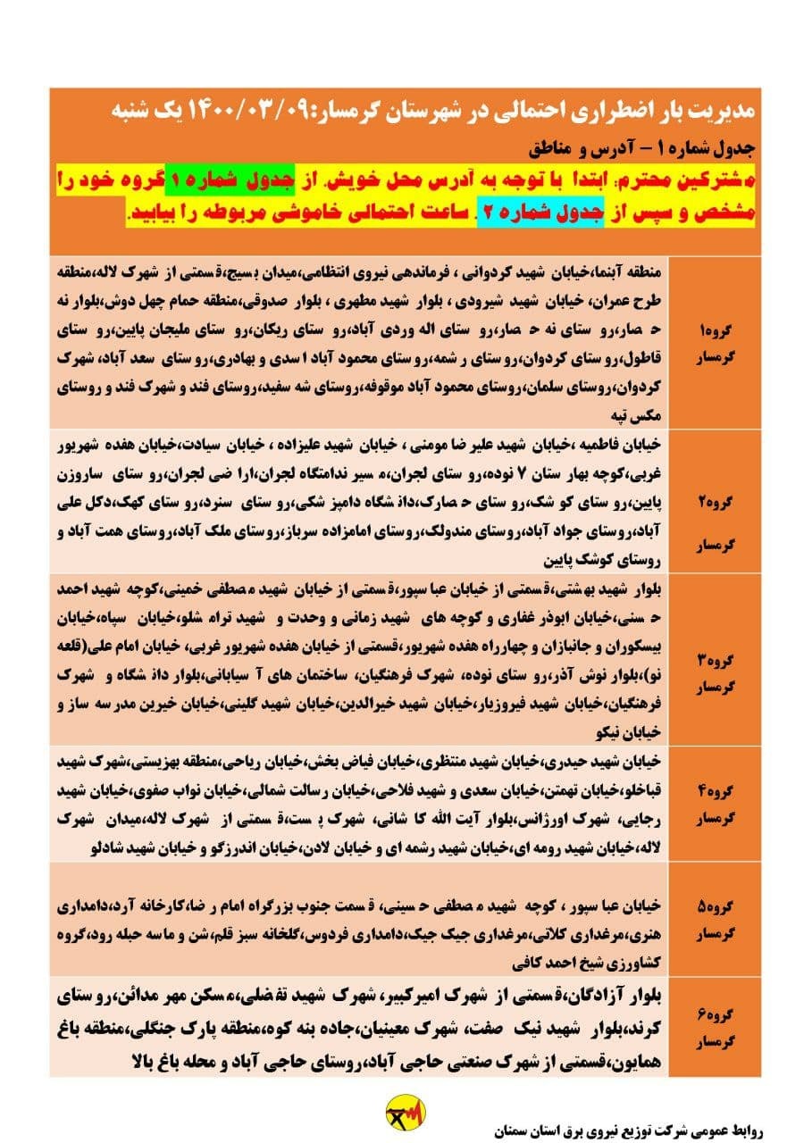 اعلام برنامه مدیریت بار اضطراری برق نهم خرداد در استان سمنان+تصاویر