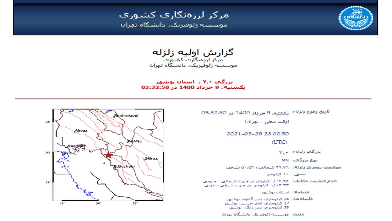 زلزله ۴ ریشتری گناوه را تکان داد
