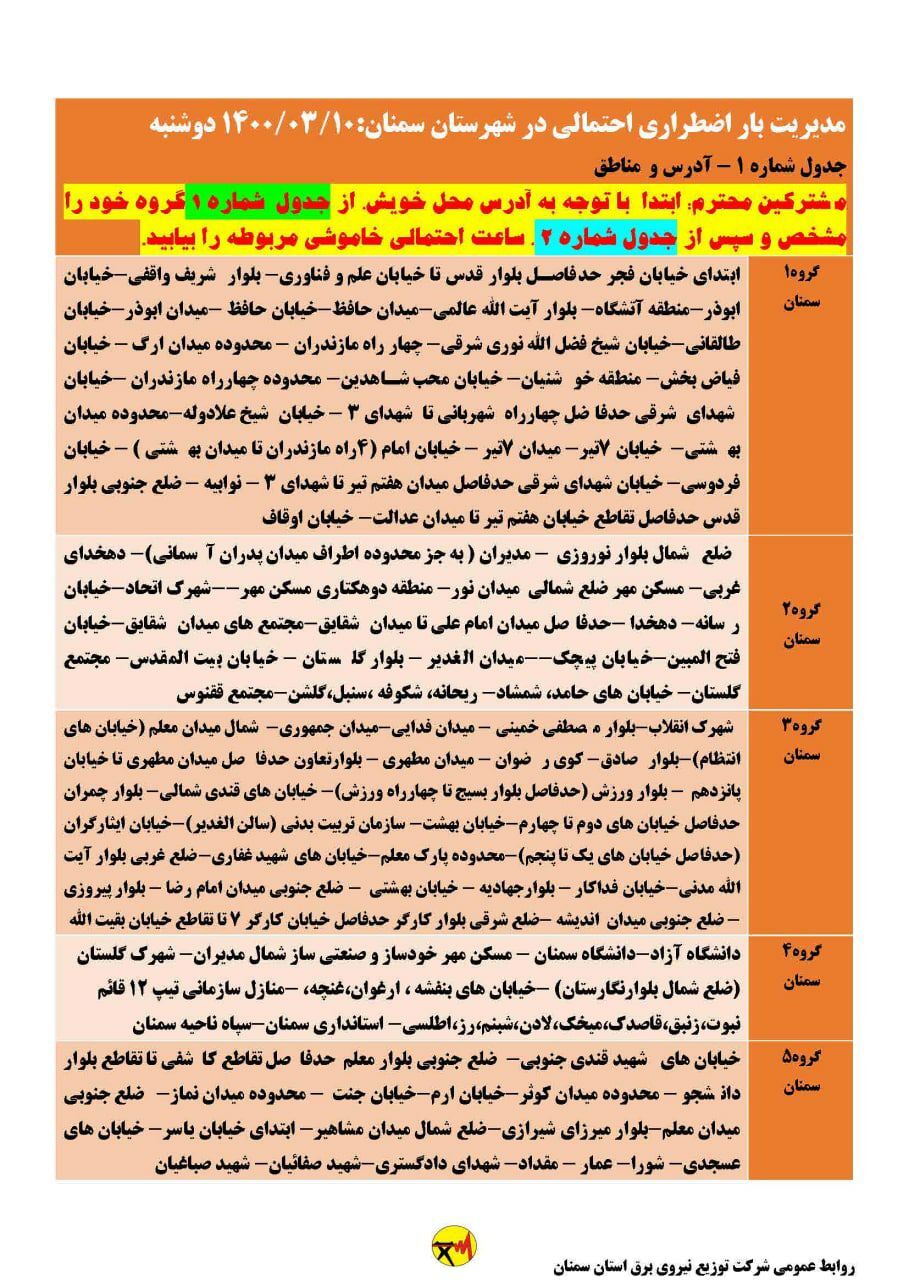 برنامه مدیریت بار اضطراری برق دهم خرداد در استان سمنان برنامه مدیریت بار اضطراری برق دهم خرداد در استان سمنان