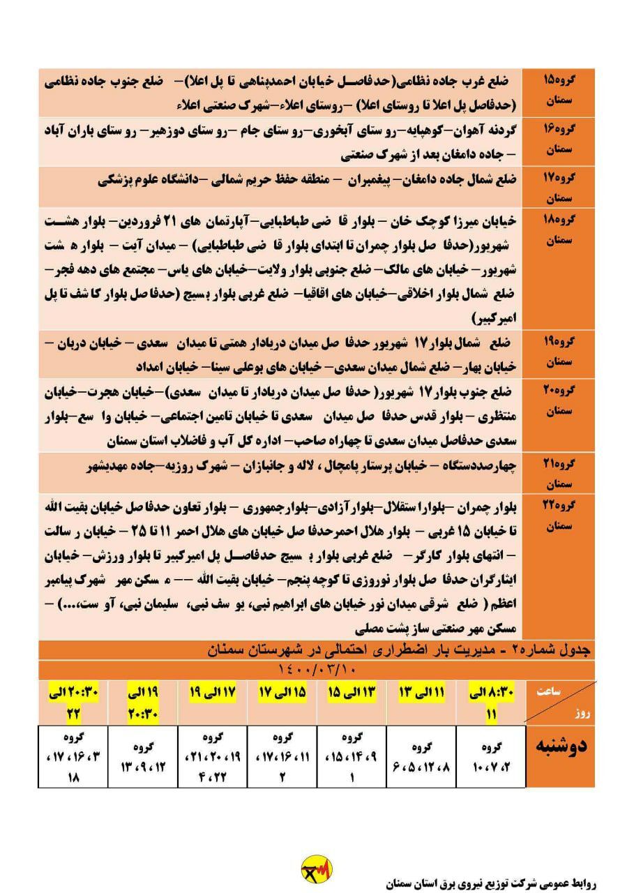 برنامه مدیریت بار اضطراری برق دهم خرداد در استان سمنان برنامه مدیریت بار اضطراری برق دهم خرداد در استان سمنان