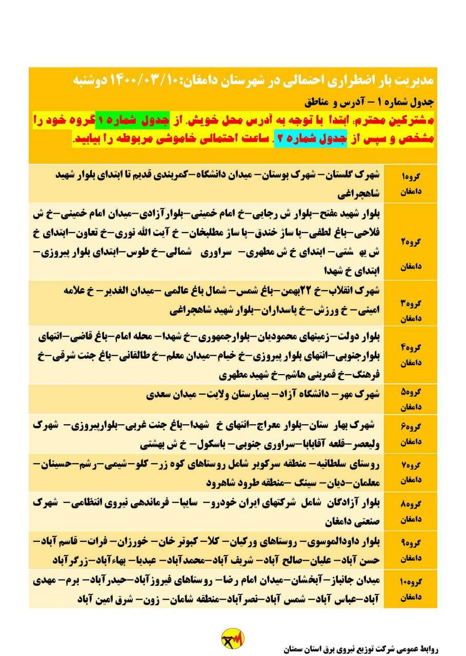 برنامه مدیریت بار اضطراری برق دهم خرداد در استان سمنان برنامه مدیریت بار اضطراری برق دهم خرداد در استان سمنان