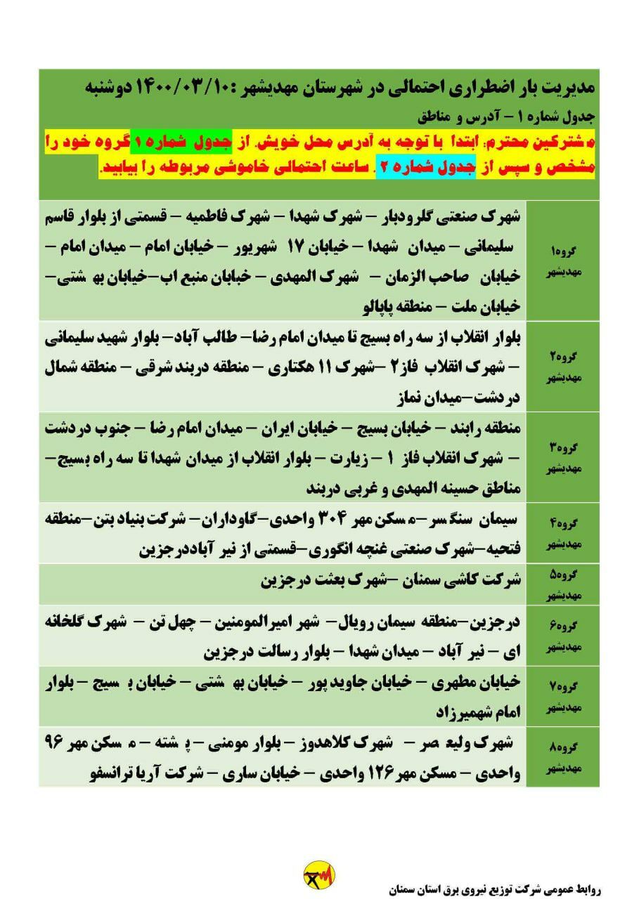 برنامه مدیریت بار اضطراری برق دهم خرداد در استان سمنان برنامه مدیریت بار اضطراری برق دهم خرداد در استان سمنان