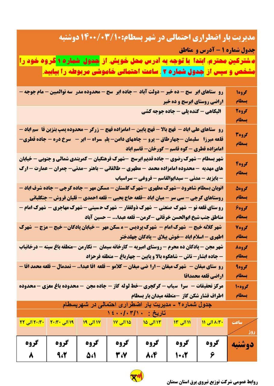 برنامه مدیریت بار اضطراری برق دهم خرداد در استان سمنان برنامه مدیریت بار اضطراری برق دهم خرداد در استان سمنان
