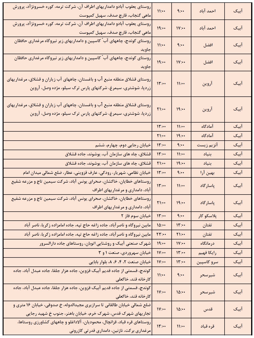 جدول خاموشی برق استان قزوین