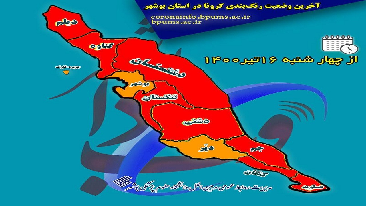 رنگ‌بندی کرونایی بوشهر از فردا؛ ۸ شهرستان قرمز، ۲ شهرستان نارنجی