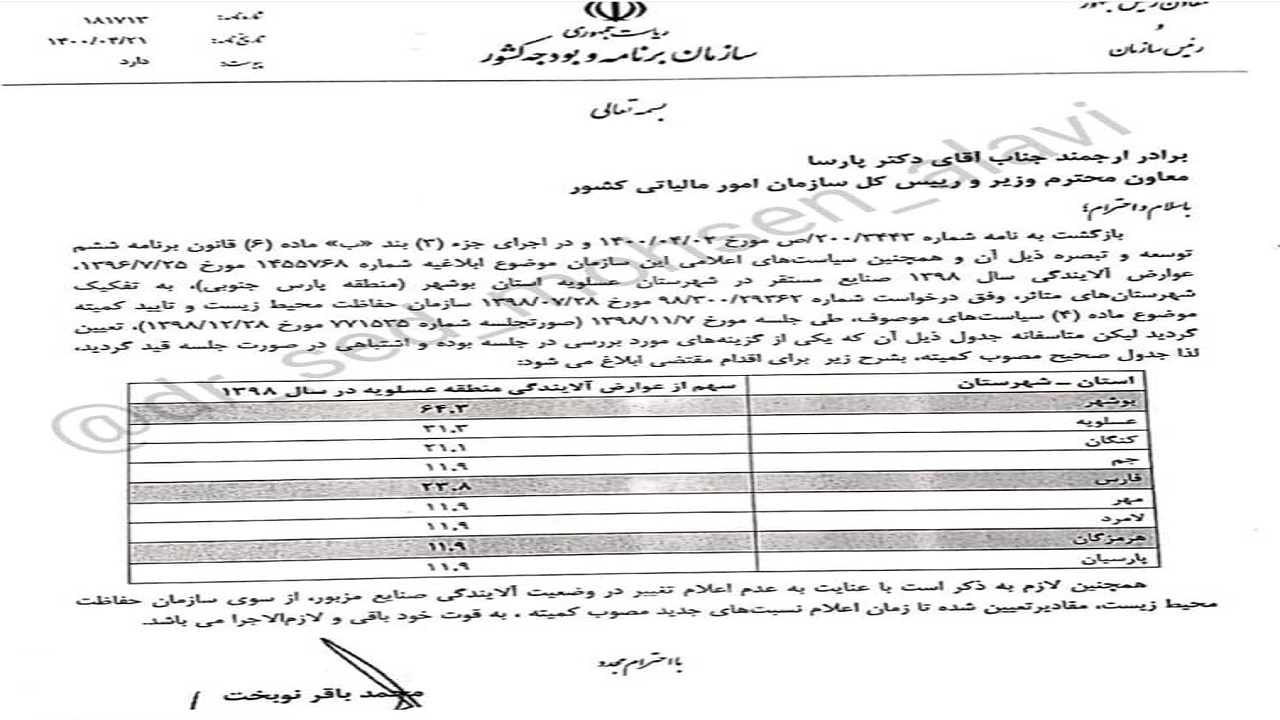 عوارض آلایندگی پارس جنوبی برای جنوب بوشهر به قوت خود باقی است/ نامه باطله منتشر شده است!