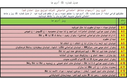 جدول خاموشی&zwnj;های اضطراری در قم/۲۲ تیرماه