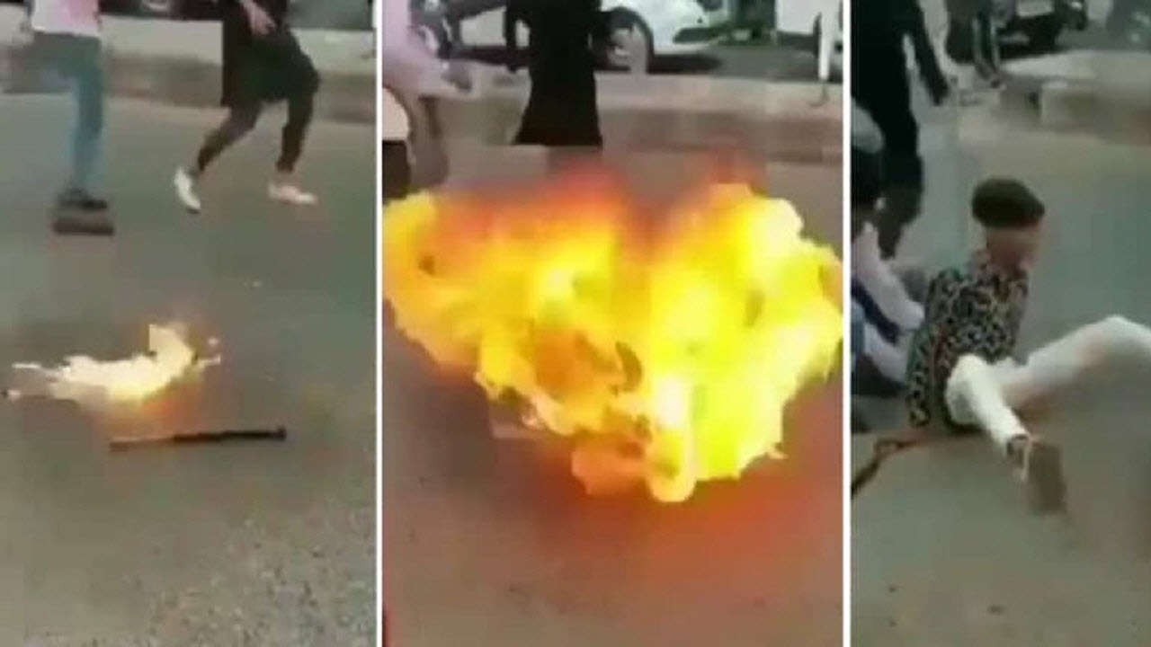 آتش بازی خطرناک پسر نوجوان در وسط خیابان!