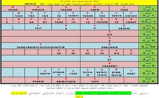 برنامه خاموشی&zwnj;های احتمالی ۲۶ تیرماه در قم
