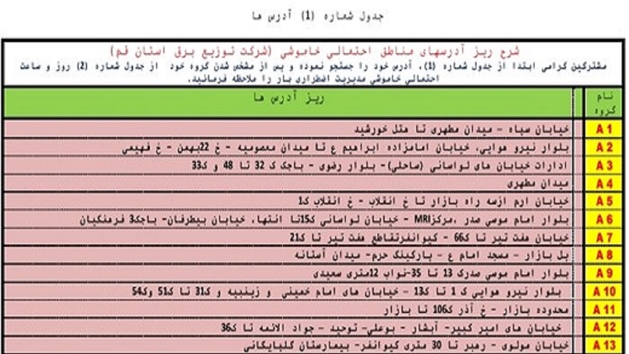 جدول خاموشی&zwnj;های اضطراری قم/۲۷ تیرماه