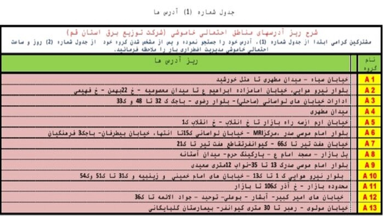 جدول خاموشی&zwnj;های اضطراری  ۲۸ تیرماه در قم