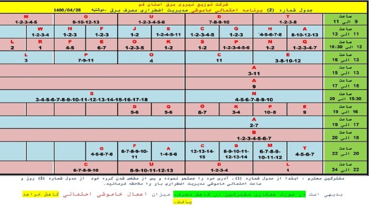 جدول خاموشی&zwnj;های اضطراری  ۲۸ تیرماه در قم