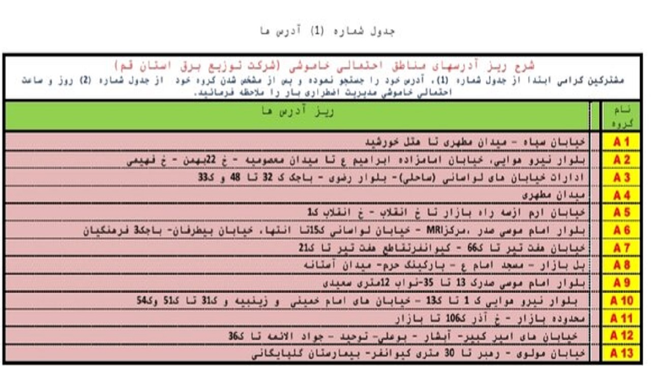جدول خاموشی&zwnj;های اضطراری ۲۹ تیرماه در قم