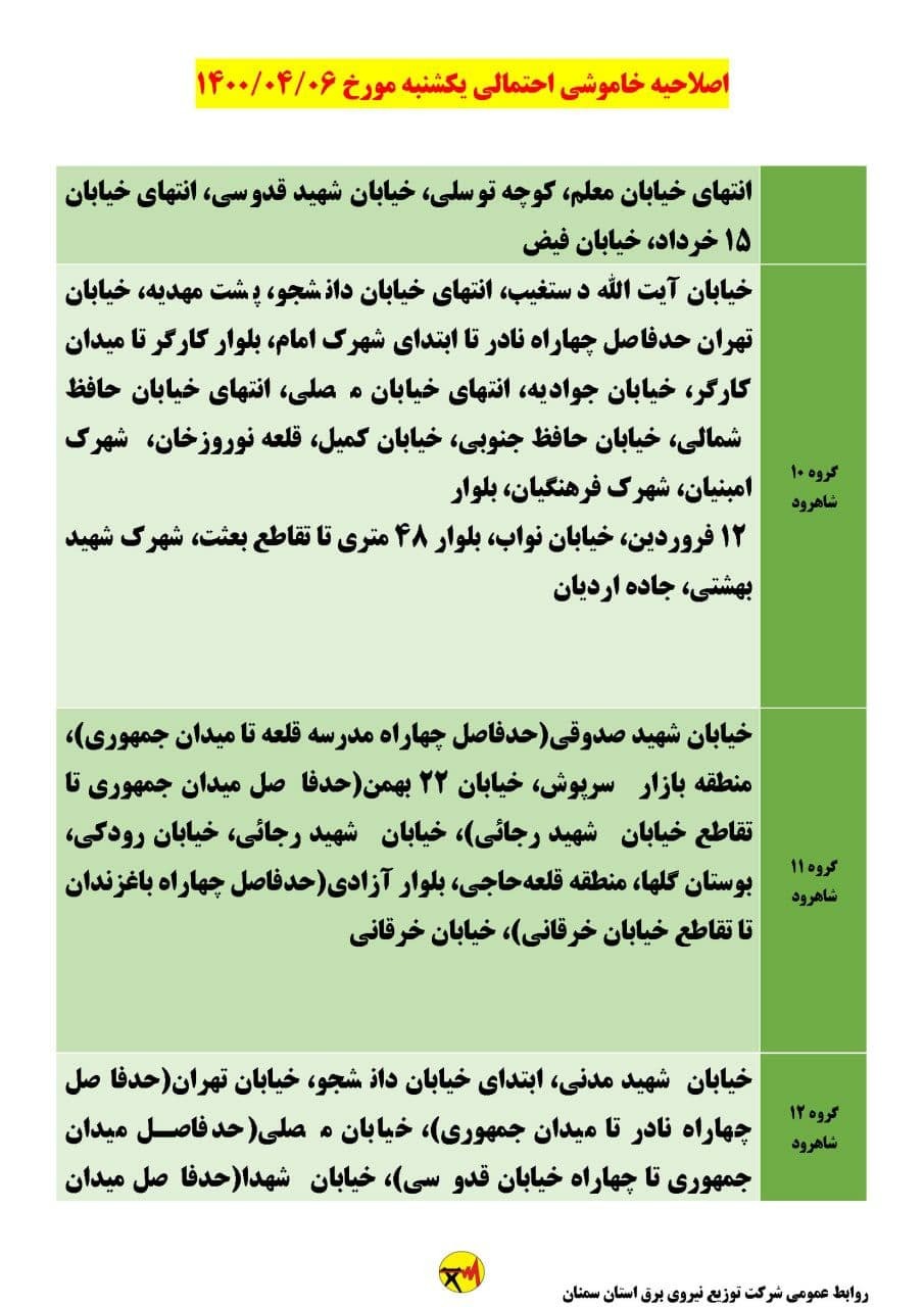 برنامه مدیریت بار اضطراری برق ششم تیرماه در استان سمنان