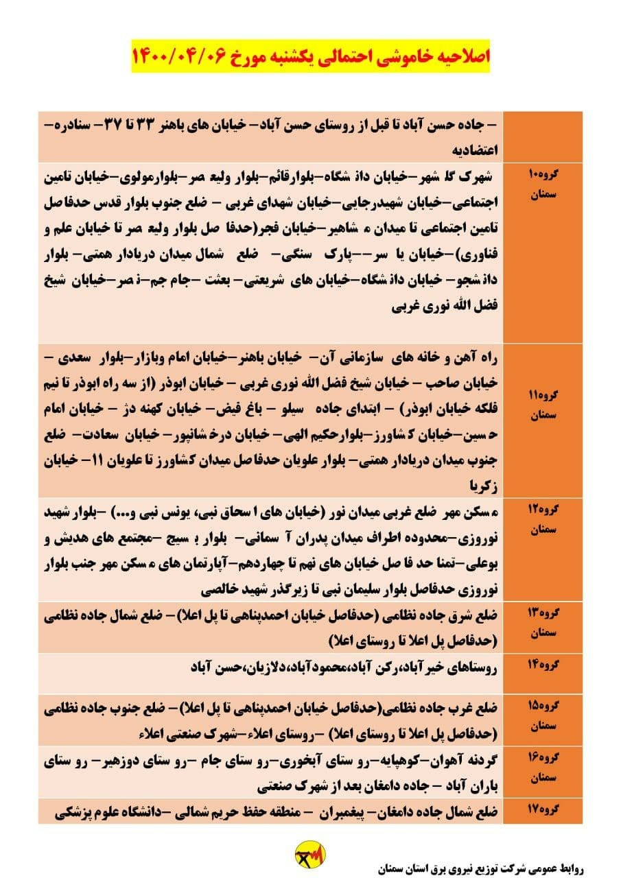 برنامه مدیریت بار اضطراری برق ششم تیرماه در استان سمنان