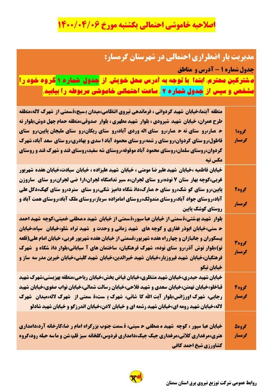 برنامه مدیریت بار اضطراری برق ششم تیرماه در استان سمنان