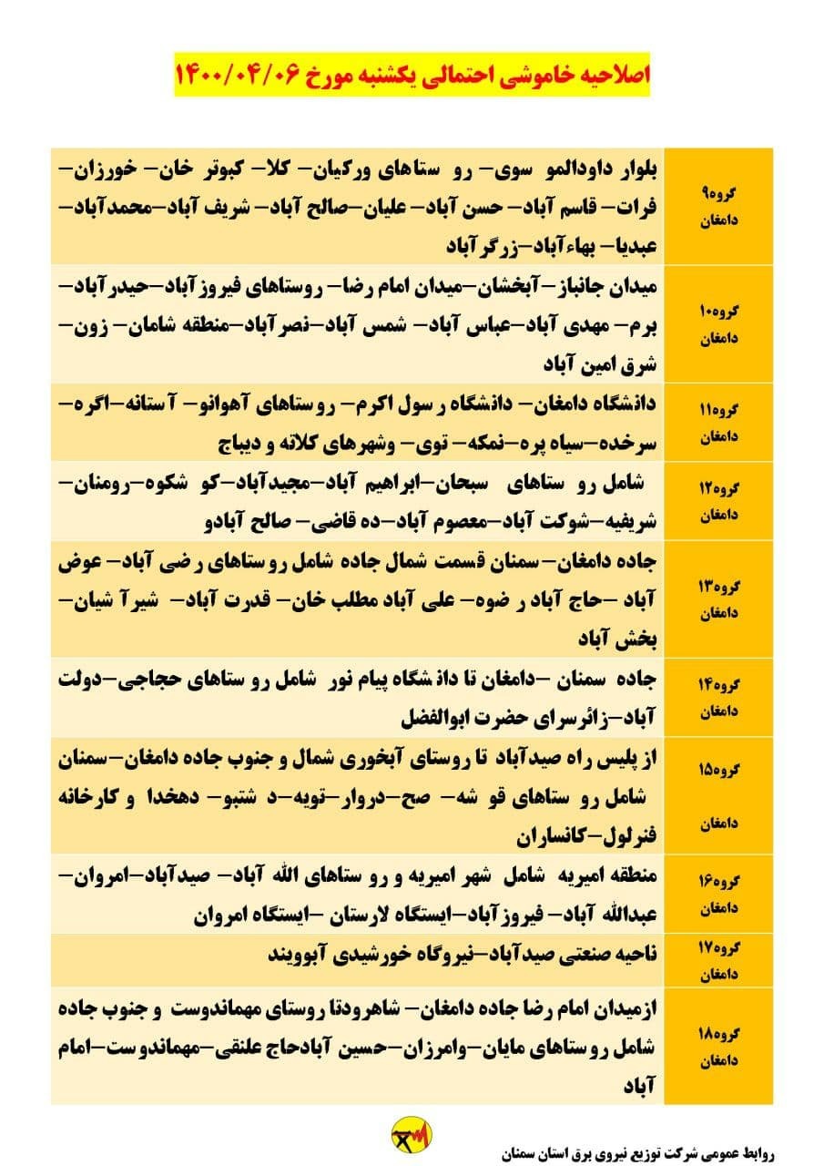 برنامه مدیریت بار اضطراری برق ششم تیرماه در استان سمنان