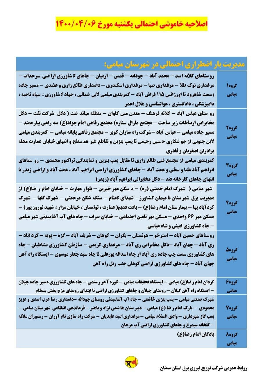 برنامه مدیریت بار اضطراری برق ششم تیرماه در استان سمنان