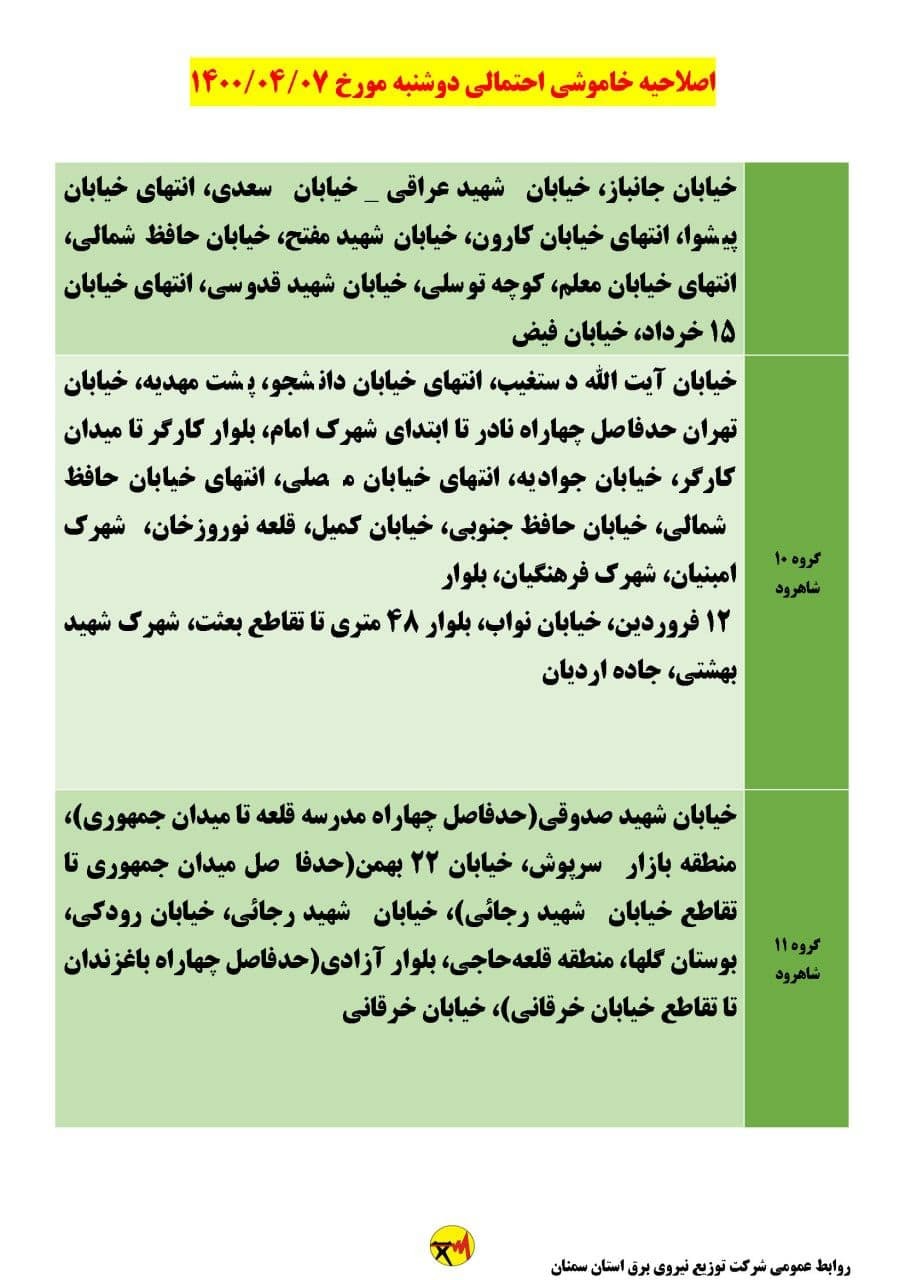 برنامه مدیریت بار اضطراری برق هفتم تیرماه در استان سمنان