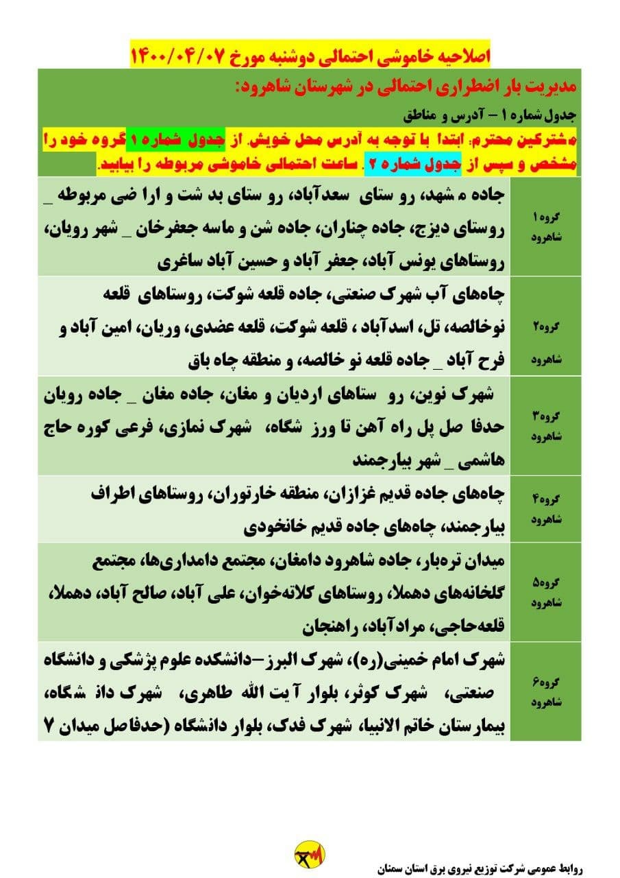 برنامه مدیریت بار اضطراری برق هفتم تیرماه در استان سمنان