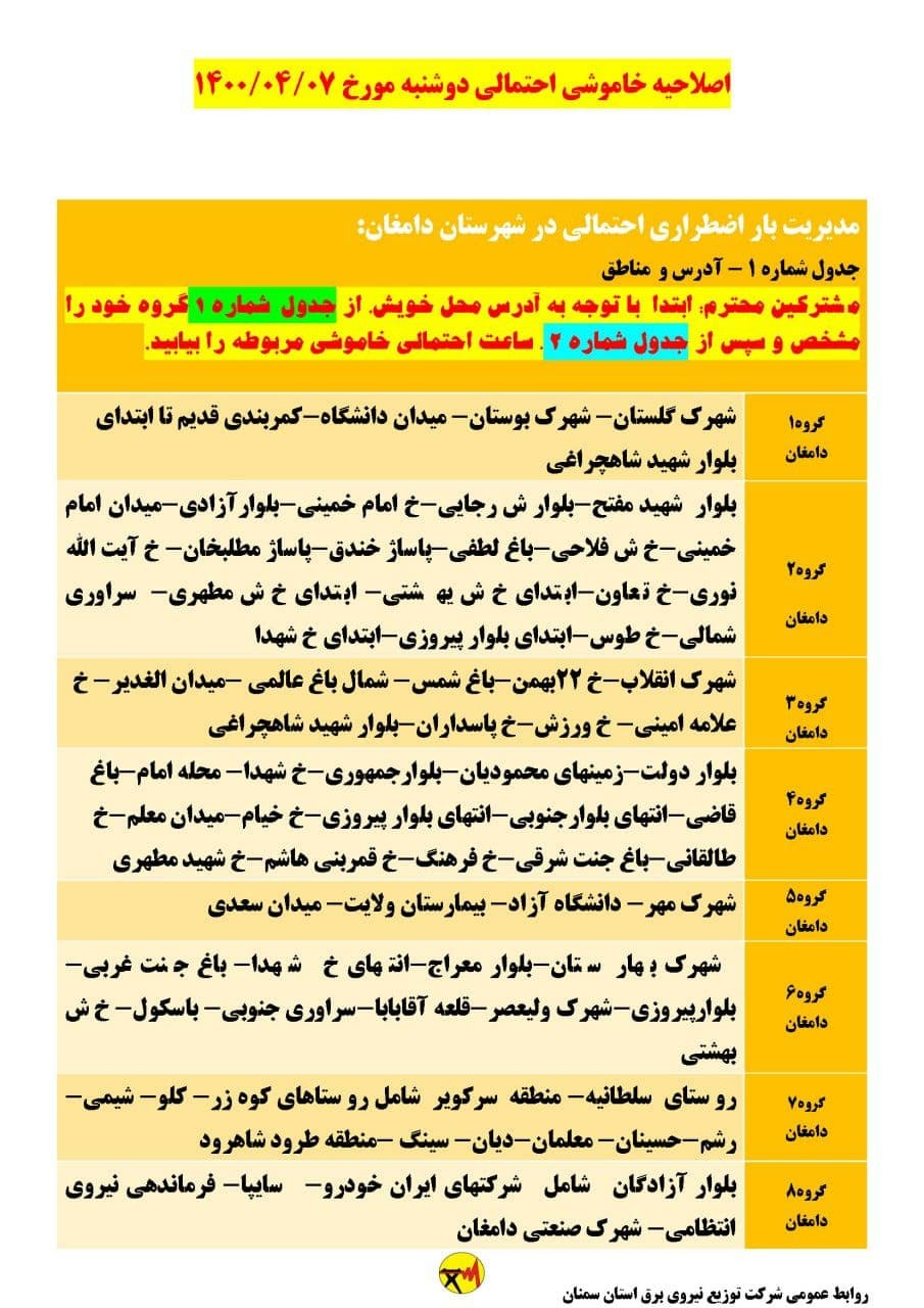 برنامه مدیریت بار اضطراری برق هفتم تیرماه در استان سمنان