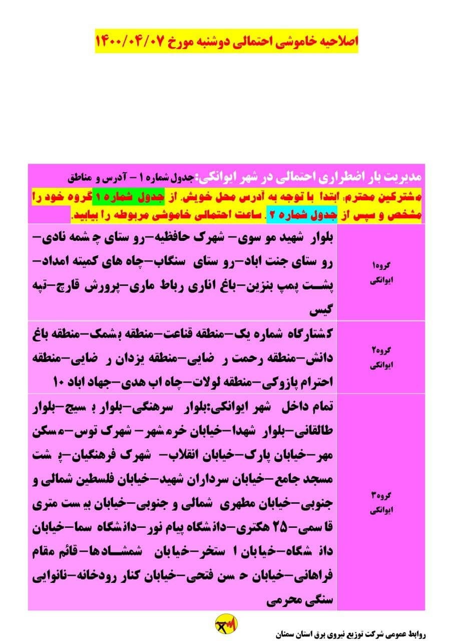 برنامه مدیریت بار اضطراری برق هفتم تیرماه در استان سمنان