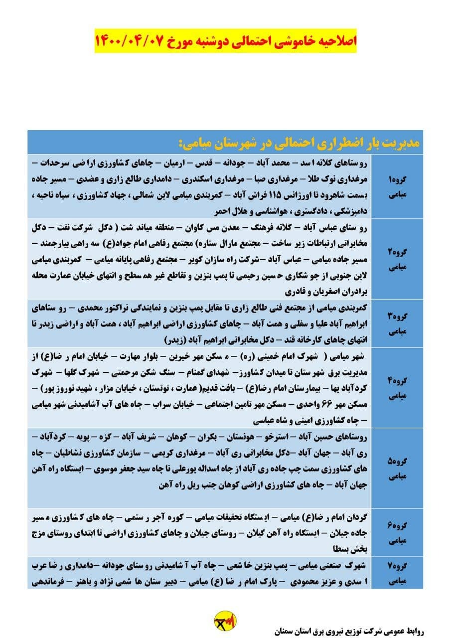 برنامه مدیریت بار اضطراری برق هفتم تیرماه در استان سمنان