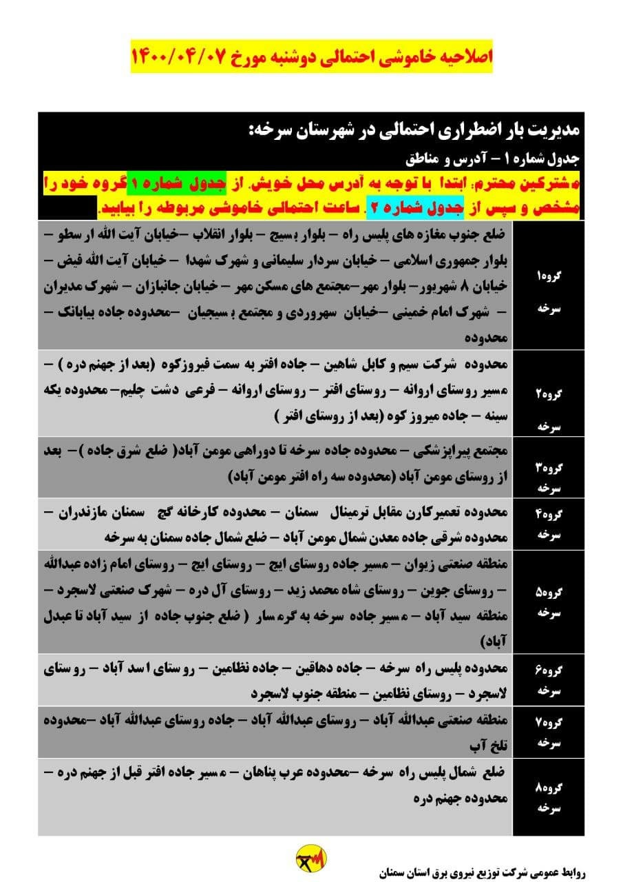برنامه مدیریت بار اضطراری برق هفتم تیرماه در استان سمنان