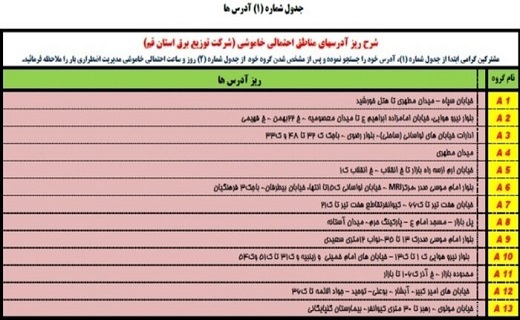 جدول خاموشیهای احتمالی جدول خاموشیهای احتمالی