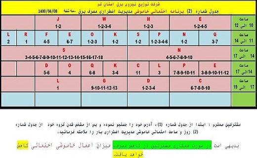 جدول خاموشیهای احتمالی اضطراری جدول خاموشیهای احتمالی اضطراری