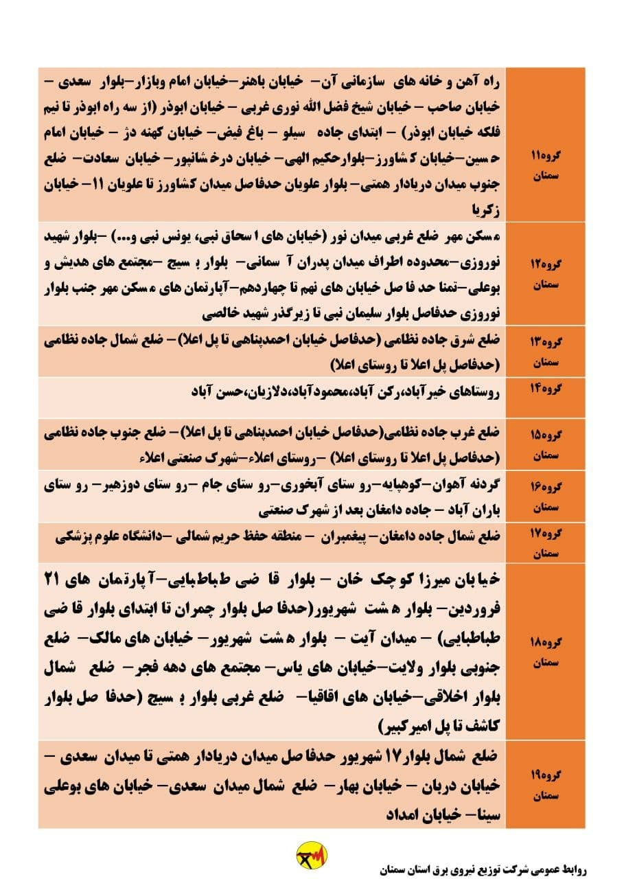برنامه مدیریت بار اضطراری برق نهم تیرماه در استان سمنان