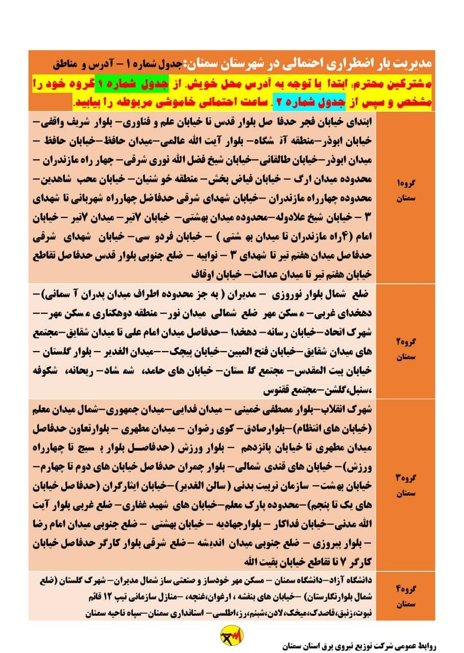 برنامه مدیریت بار اضطراری برق نهم تیرماه در استان سمنان