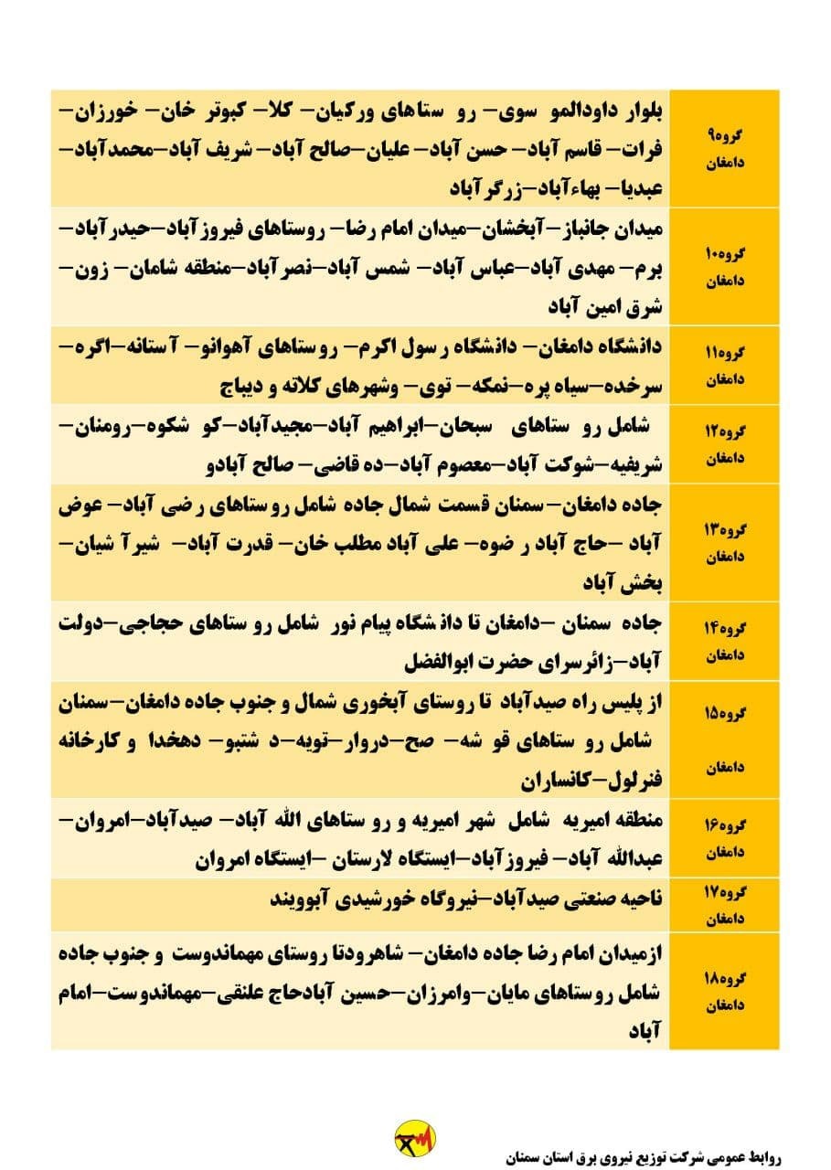 برنامه مدیریت بار اضطراری برق نهم تیرماه در استان سمنان