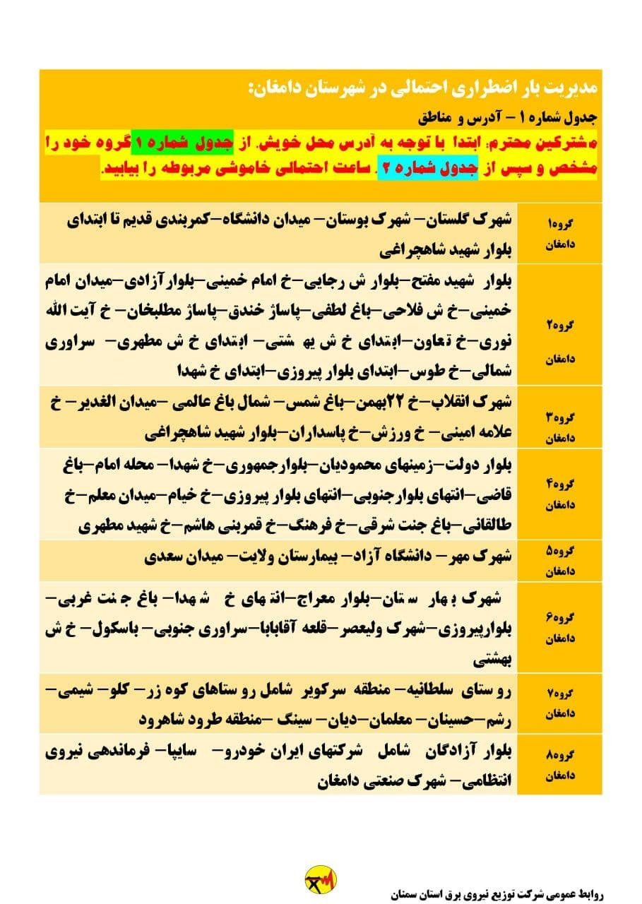 برنامه مدیریت بار اضطراری برق نهم تیرماه در استان سمنان