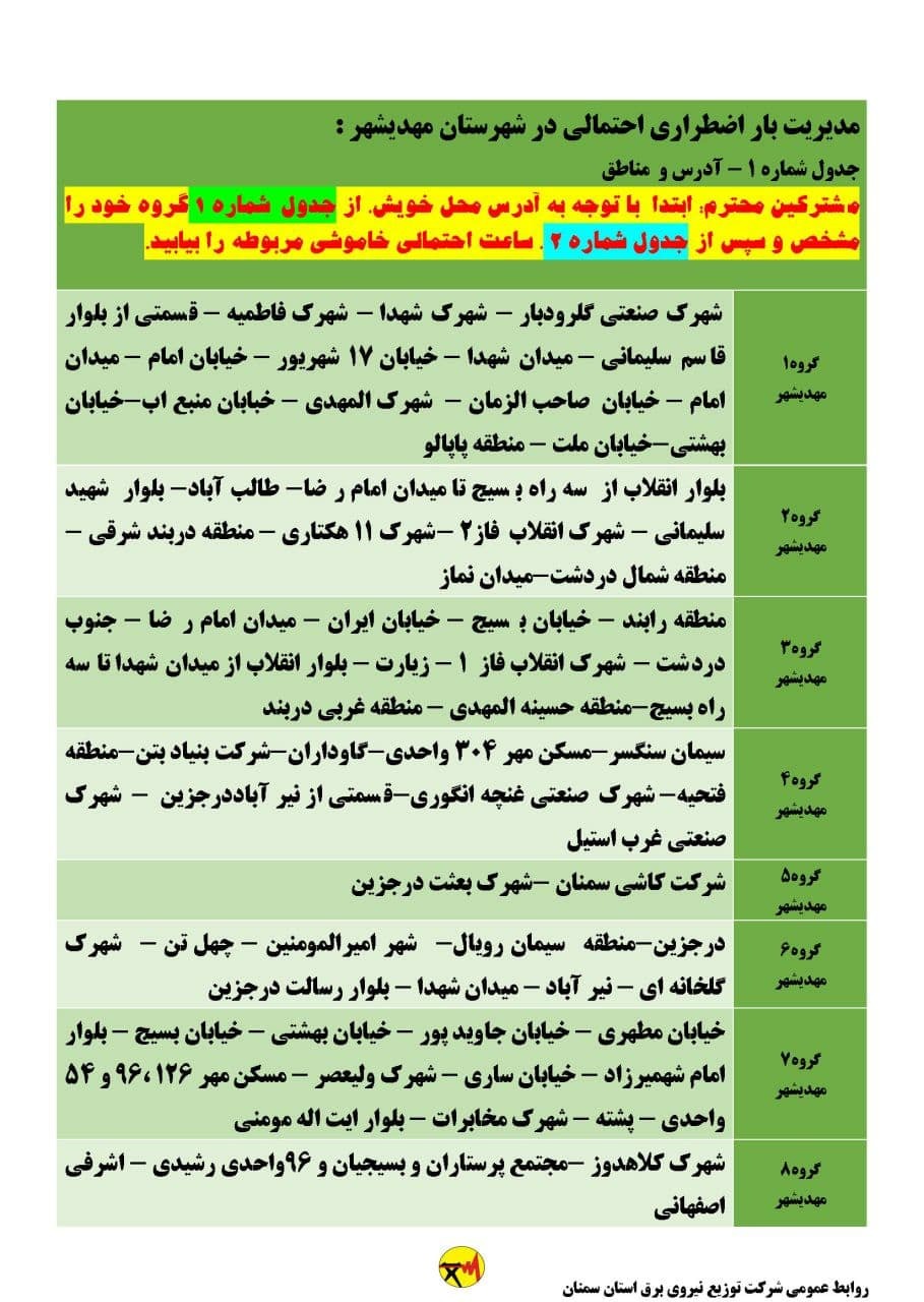 برنامه مدیریت بار اضطراری برق دهم تیرماه در استان سمنان