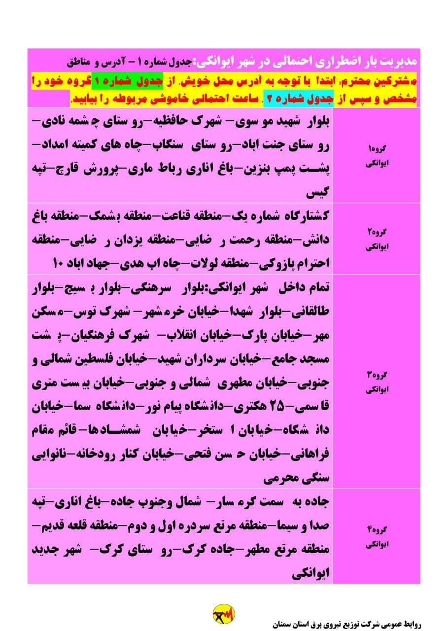 برنامه مدیریت بار اضطراری برق دهم تیرماه در استان سمنان
