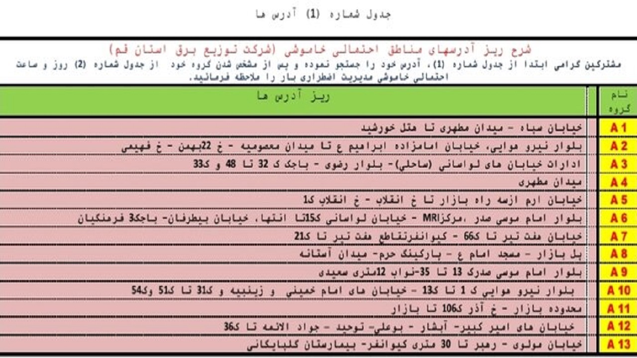 جدول خاموشی اضطراری دهم مردادماه در قم