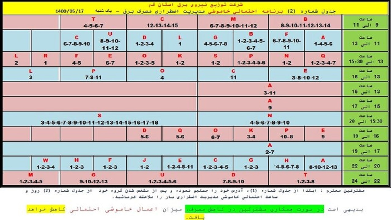 جدول خاموشی&zwnj;های احتمالی اضطراری در قم هفدهم مرداد ۱۴۰۰