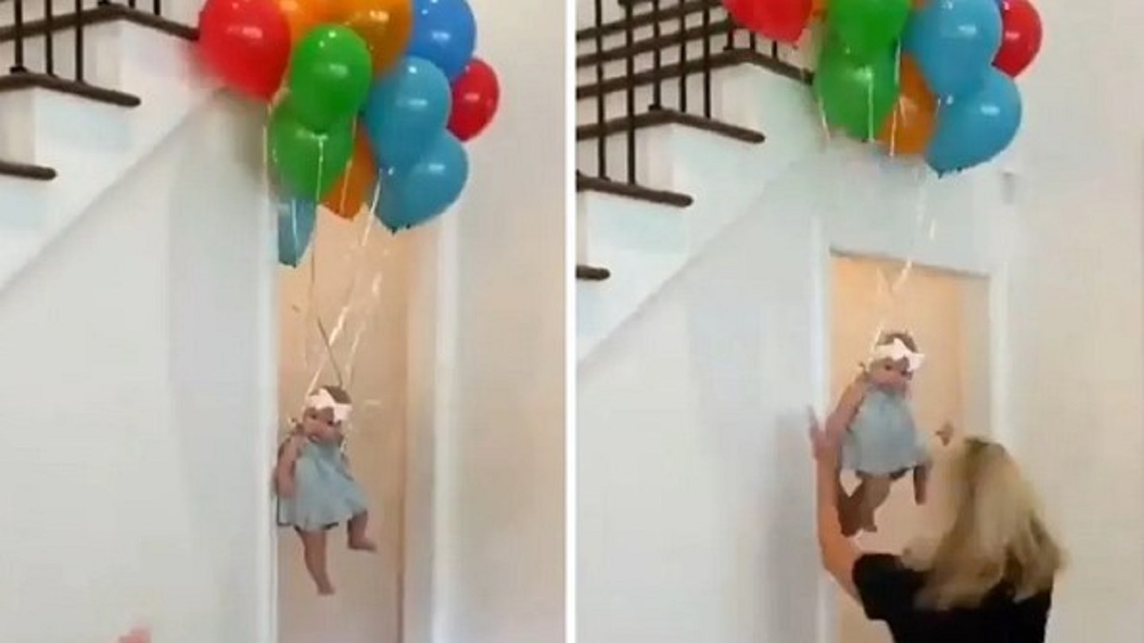 صحنه عجیب به پرواز درآمدن کودک توسط بادکنک!