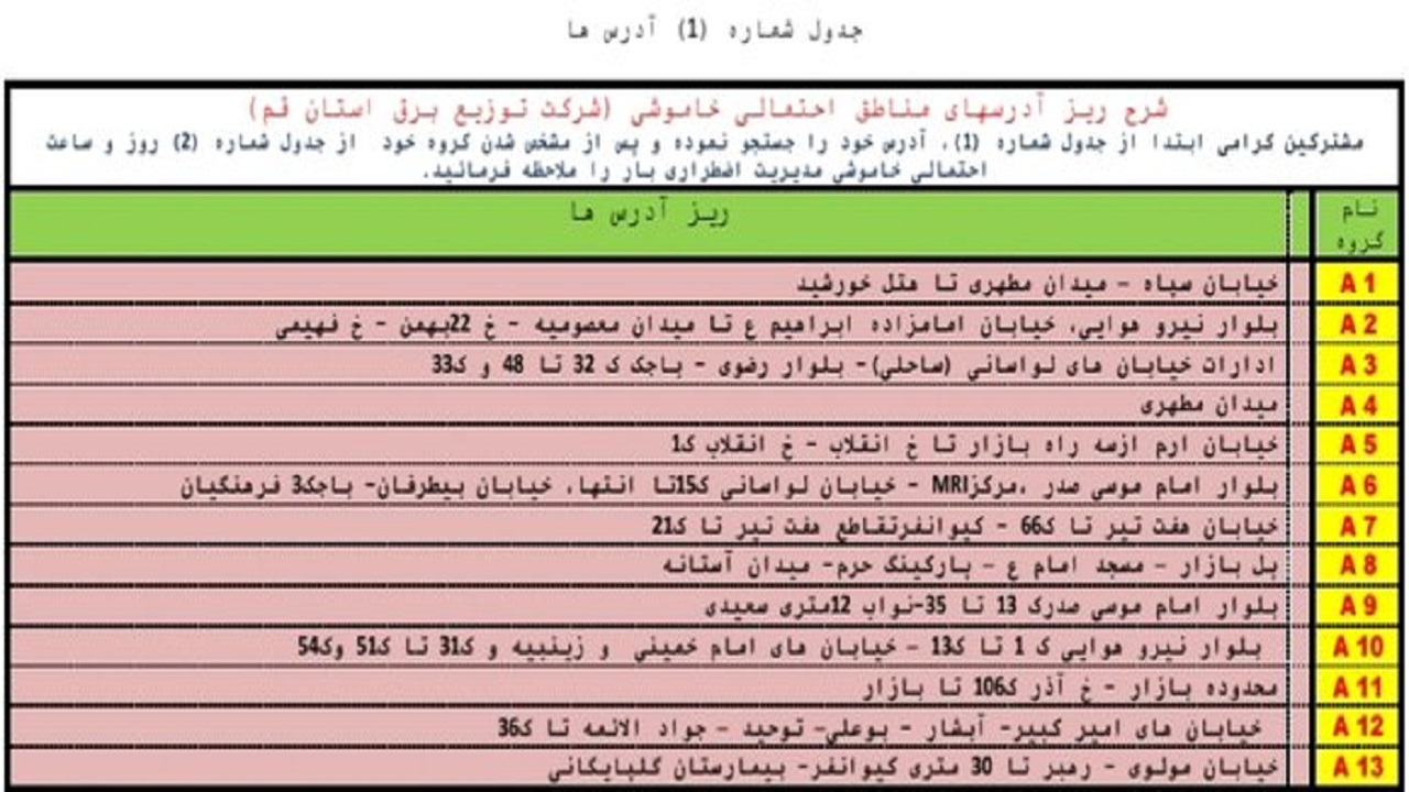 جدول خاموشی اضطراری نوزدهم مردادماه در قم