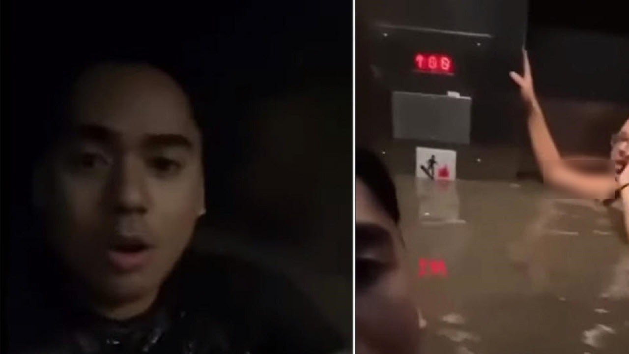 صحنه عجیب گرفتار شدن چند شهروند در آسانسور پر از آب!