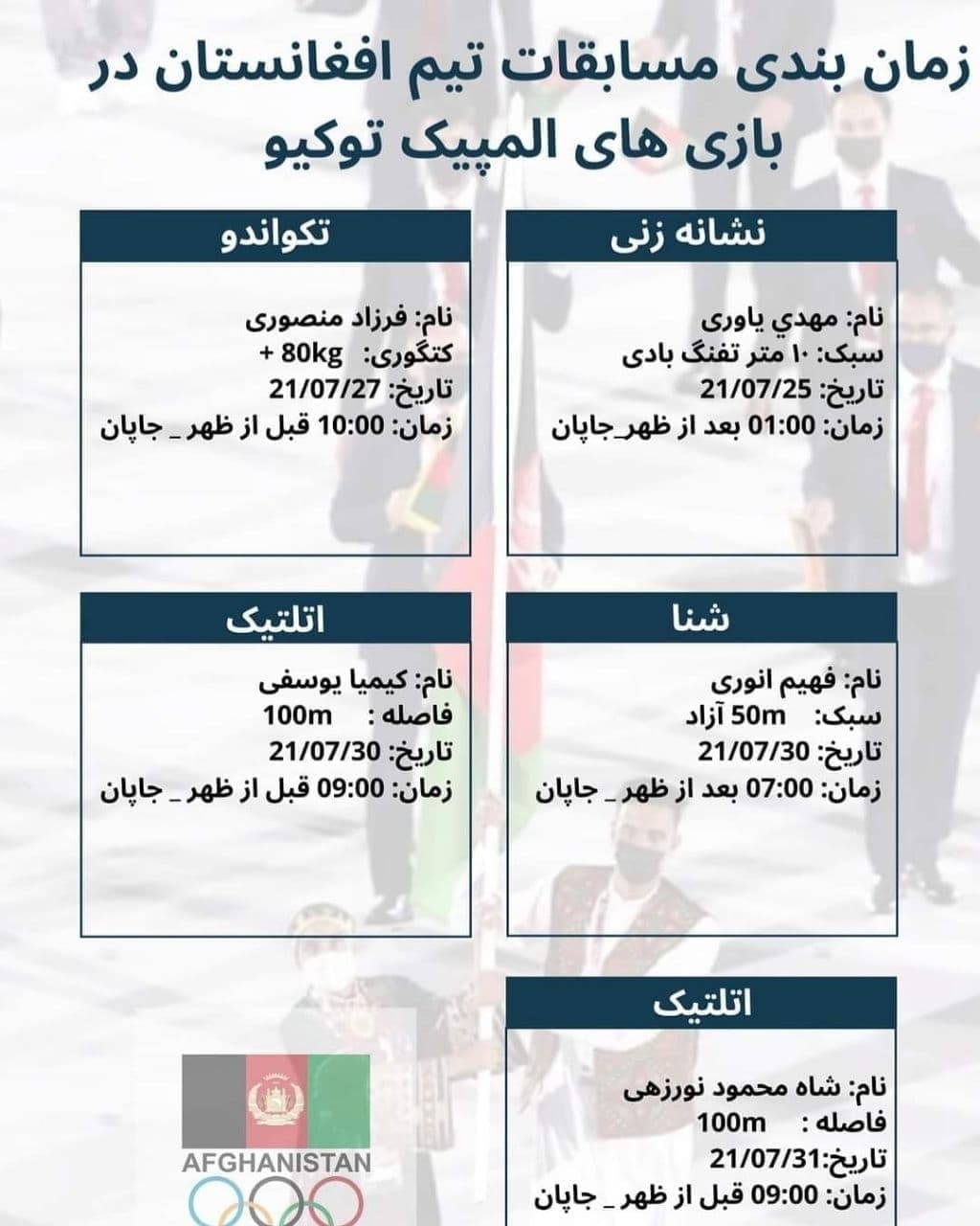 زمان&zwnj;بندی مسابقات کاروان ورزشی افغانستان در المپیک توکیو