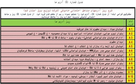برنامه خاموشی&zwnj;های اضطراری ۲۳ مرداد ماه در قم