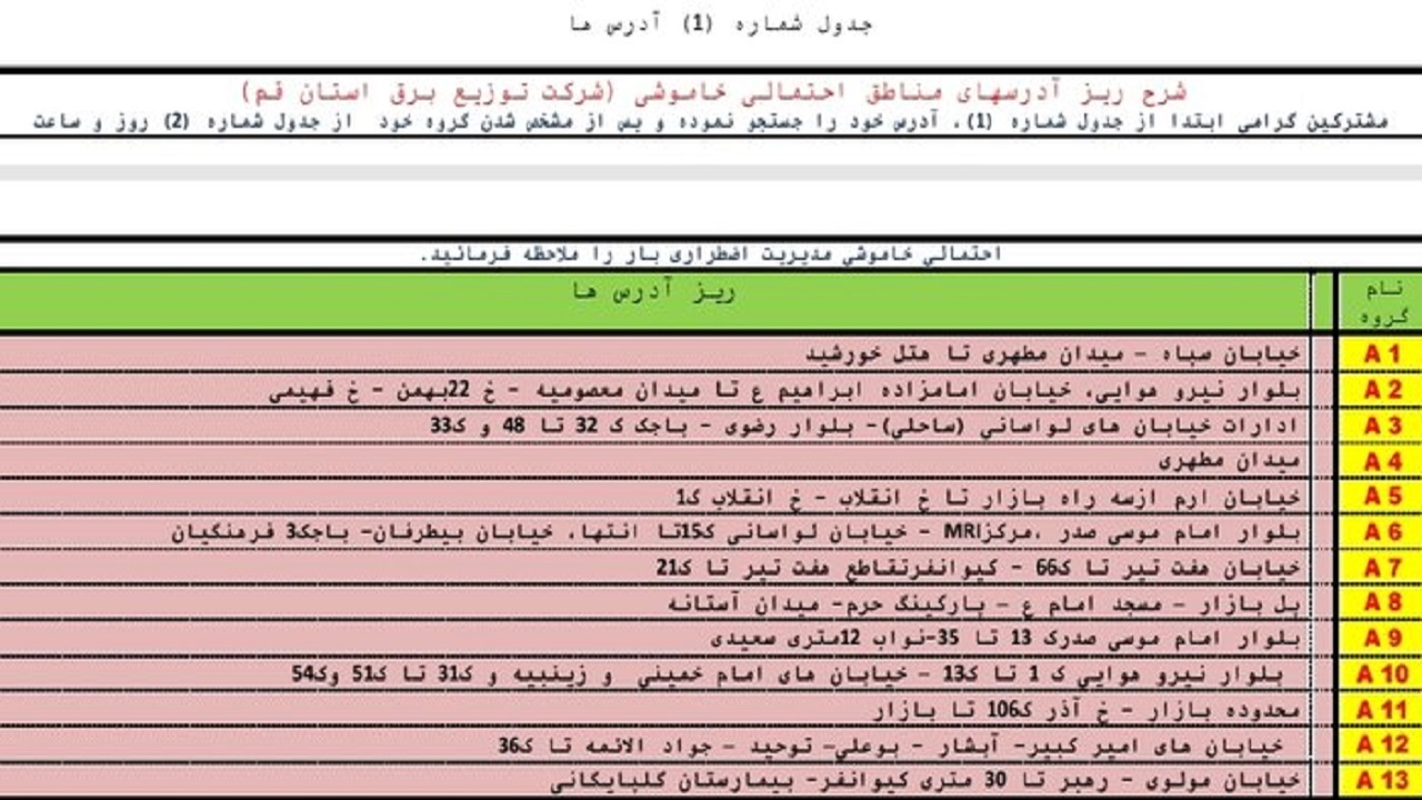 جدول خاموشی اضطراری بیست وچهارم مردادماه در قم