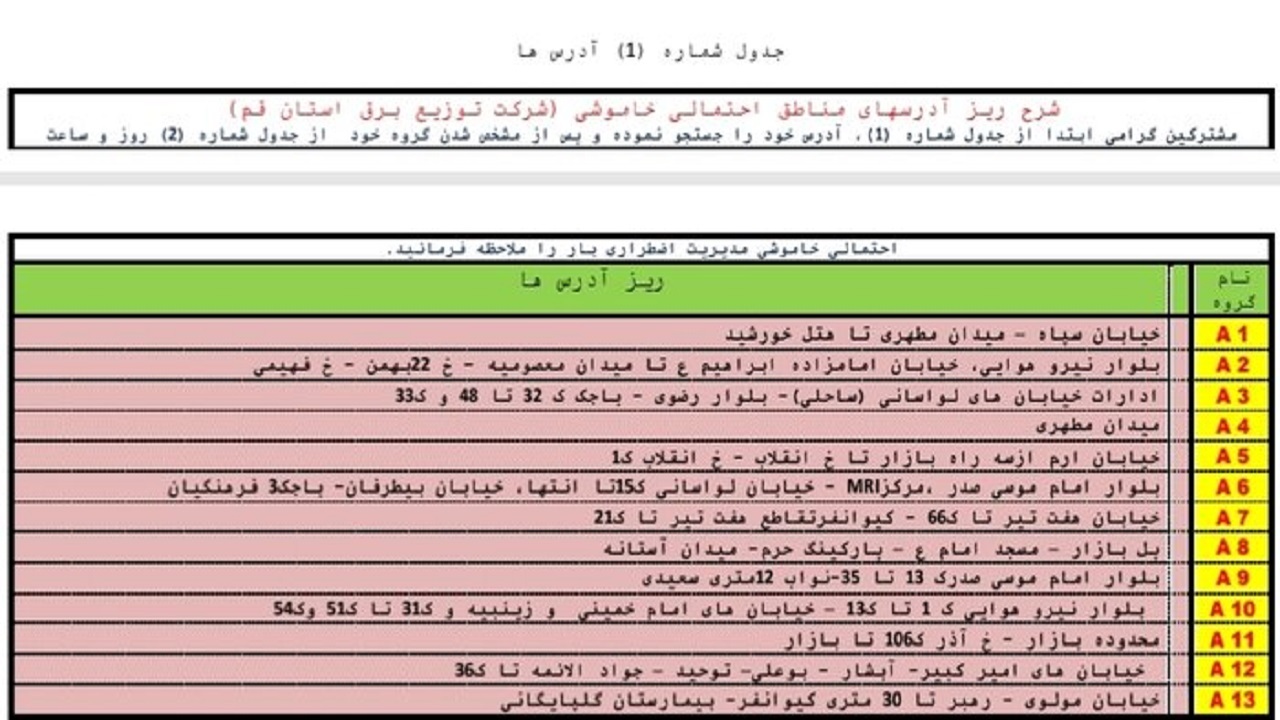 جدول خاموشی&zwnj;های اضطراری بیست وششم مردادماه در قم