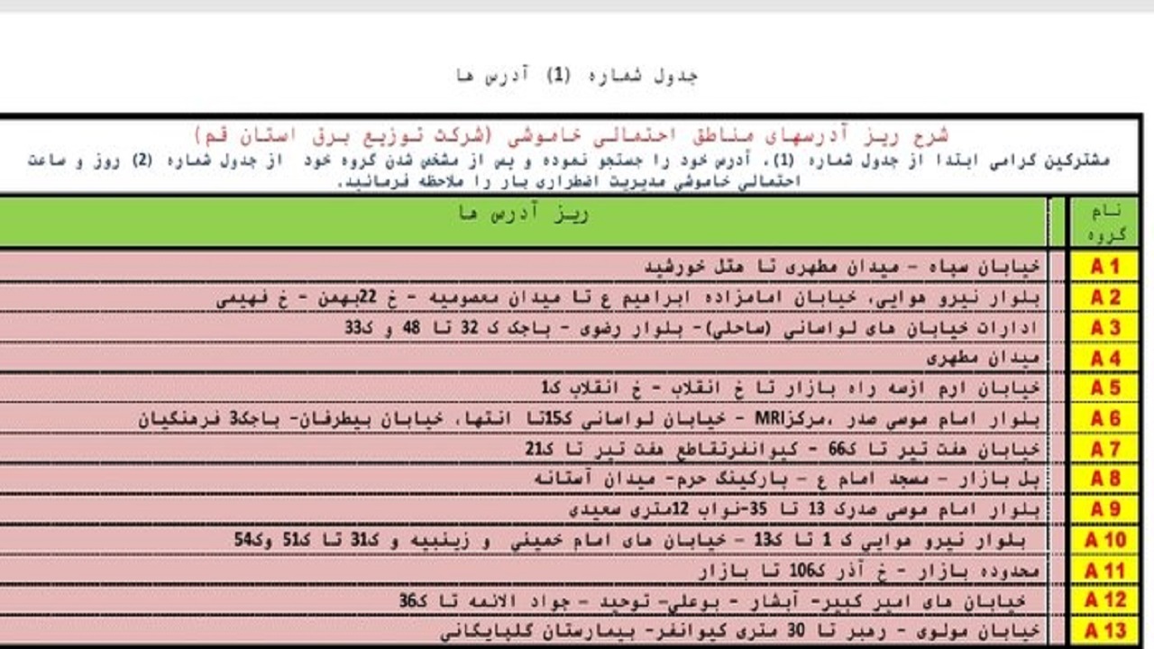 جدول خاموشی&zwnj;های اضطراری سوم مرداد ماه در قم