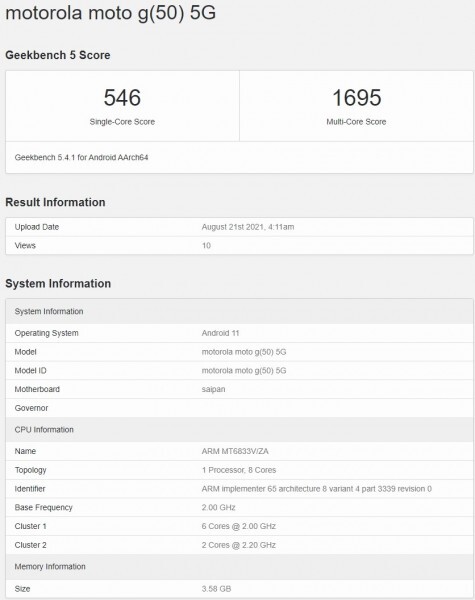 گوشی هوشمند Motorola Moto G۵۰ ۵G (Saipan) در Geekbench ظاهر شد
