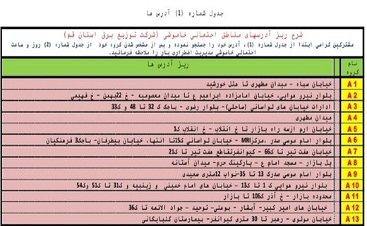 جدول خاموشی&zwnj;های اضطراری دهم شهریورماه در قم