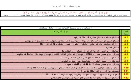 برنامه خاموشی&zwnj;های ۱۱ شهریور ماه در قم