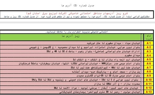 جدول خاموشی اضطراری چهاردهم شهریورماه در قم جدول خاموشی اضطراری چهاردهم شهریورماه در قم